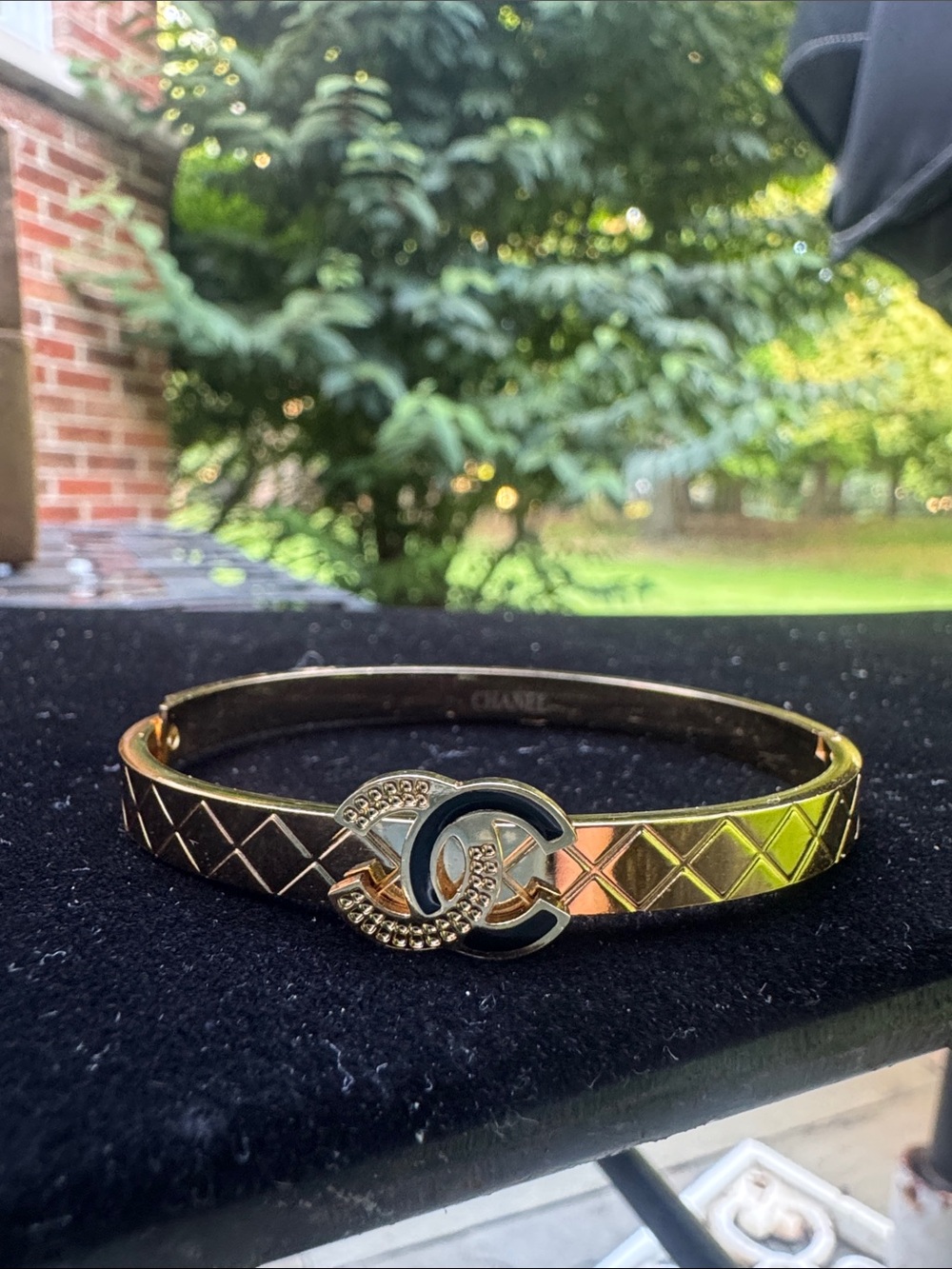 Bangle Bracelet gold tone crystals and black enamel